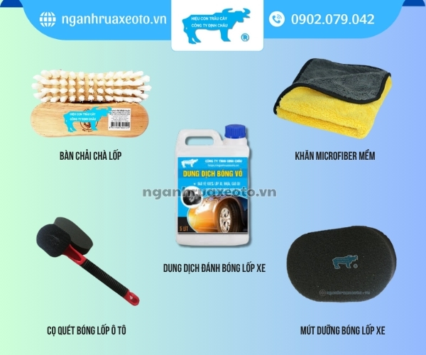 Chuẩn bị đầy đủ dụng cụ đánh bóng lốp xe ô tô